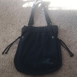 Mod black canvas tote bag with butterfly decal EUC